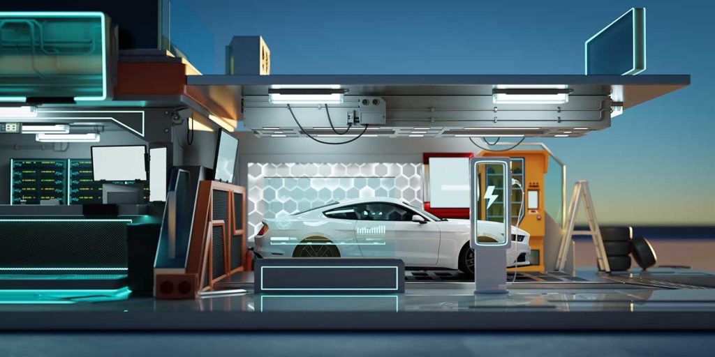 Station futuriste de chargement d'une voiture électrique.