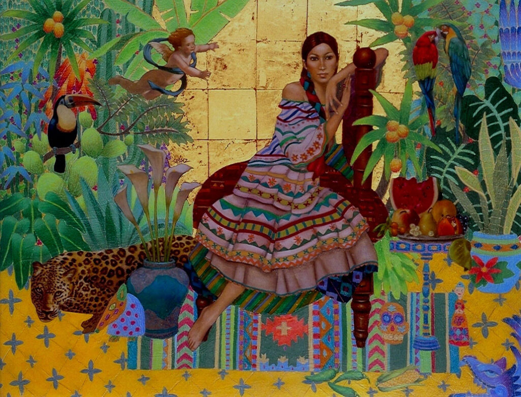 Annie-Cassez-Métarmorphose-du-Chac-Môol,-2004,-technique-mixte-et-feuille-d'or-sur-panneau,-70x90