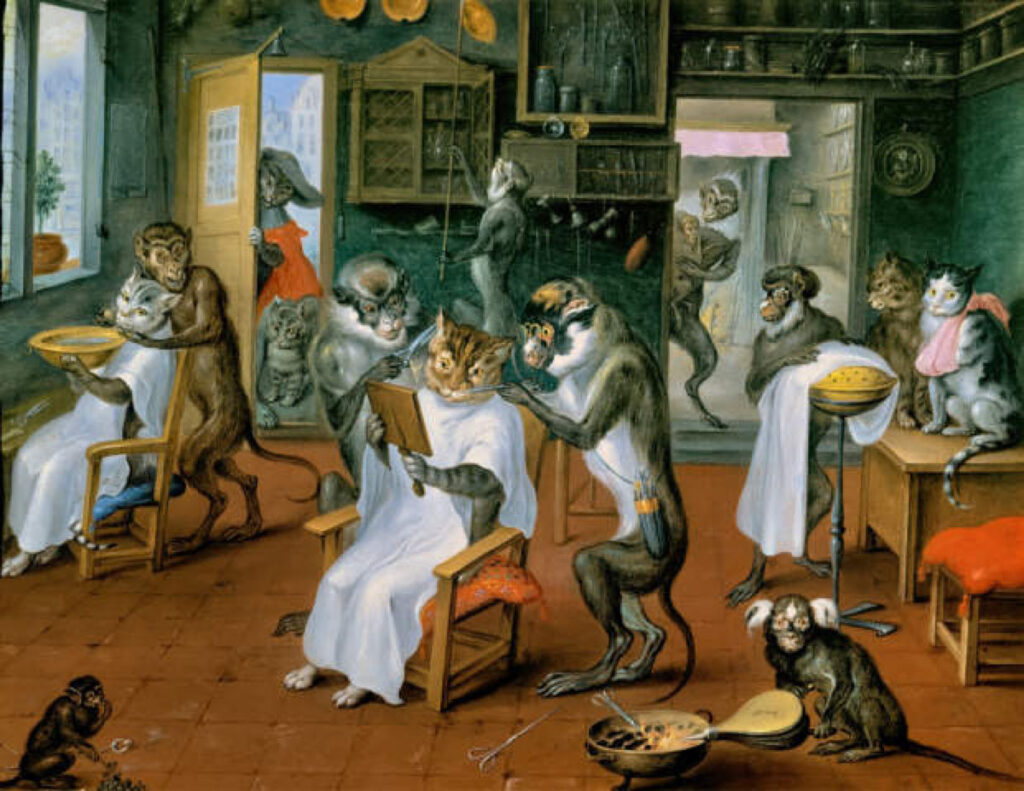 Tableau d'Abraham Teniers, salon de coiffure avec des singes et des chats