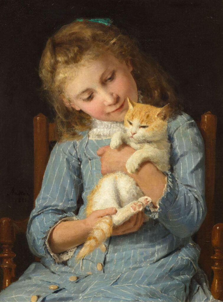 Tableau d'Albert Anker, la fillette et son chat
