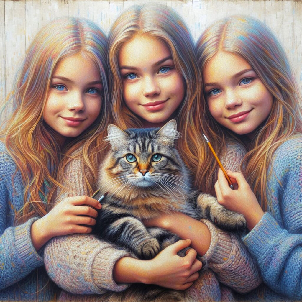 3 jeunes fillettes blondes avec Aladin dans les bras