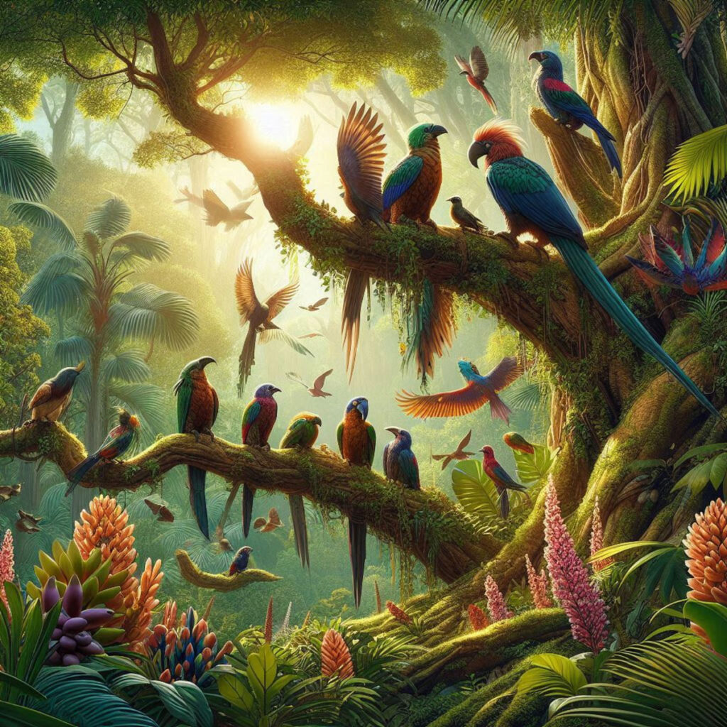 Image IA d'oiseaux dans une forêt type amazonienne